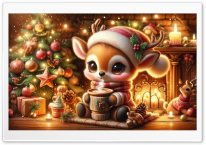 Cute Baby Deer, Warm and Cozy Christmas Illustration Ultra HD Wallpaper for 4K UHD Widescreen Desktop, Lockscreen, Screensaver, TV, Tablet, Smartphone