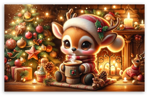 Cute Baby Deer, Warm and Cozy Christmas Illustration UltraHD Wallpaper for HD 16:9 ; UltraWide 21:9 24:10 ; Widescreen 16:10 5:3 ; Fullscreen 4:3 5:4 3:2 ; Tablet 1:1 ; Mobile 9:16 9:19.5 9:20 10:16 2:3 3:5 3:4 ;