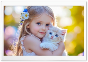 Cute, Blonde, Child Girl, Hug, Kitten 4K UHD Wallpaper for Widescreen and UltraWide Desktop, UltraHD TV, Smartphone, Tablet