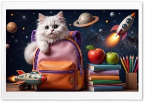Cute Cat in Backpack, Space Theme, Back to School 4K UHD Wallpaper for Widescreen and UltraWide Desktop, UltraHD TV, Smartphone, Tablet