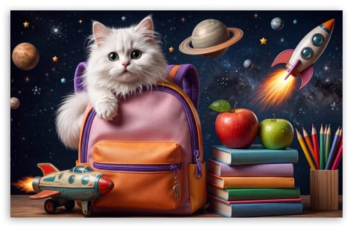 Cute Cat in Backpack, Space Theme, Back to School UltraHD Wallpaper for UHD 16:9 ; HD 16:9 ; UltraWide 21:9 24:10 ; Widescreen 16:10 ; Tablet 1:1 ;
