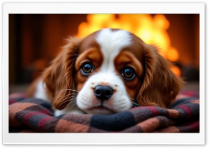 Cute Cavalier King Charles Spaniel Puppy Relaxing on a Blanket 4K UHD Wallpaper for Widescreen and UltraWide Desktop, UltraHD TV, Smartphone, Tablet