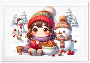 Cute Chibi Girl, Snowman Ultra HD Wallpaper for 4K UHD Widescreen Desktop, Lockscreen, Screensaver, TV, Tablet, Smartphone