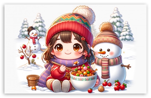 Cute Chibi Girl, Snowman UltraHD Wallpaper for UHD 16:9 ; HD 16:9 ; UltraWide 21:9 24:10 ; Widescreen 16:10 5:3 ; Fullscreen 4:3 5:4 3:2 ; Tablet 1:1 ; Mobile 9:16 9:19.5 9:20 10:16 2:3 3:5 3:4 ;