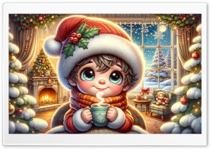 Cute Child, Warm and Cozy Christmas Illustration Ultra HD Wallpaper for 4K UHD Widescreen Desktop, Lockscreen, Screensaver, TV, Tablet, Smartphone