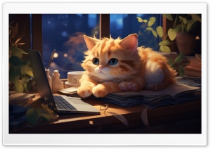 Cute Fluffy Kitten Sitting on Desk Ultra HD Wallpaper for 4K UHD Widescreen Desktop, Lockscreen, Screensaver, TV, Tablet, Smartphone