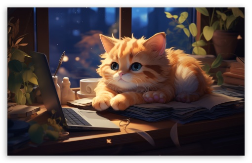 Cute Fluffy Kitten Sitting on Desk UltraHD Wallpaper for HD 16:9 ; UltraWide 21:9 24:10 ; Widescreen 16:10 5:3 ; Fullscreen 4:3 5:4 3:2 ; Tablet 1:1 ; Mobile 9:16 9:19.5 9:20 10:16 2:3 3:5 3:4 ;