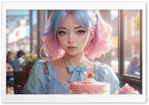 Cute Girl with Pink and Blue Color Hair, Sweet Cake, Pastel Colors, Art Ultra HD Wallpaper for 4K UHD Widescreen Desktop, Lockscreen, Screensaver, TV, Tablet, Smartphone