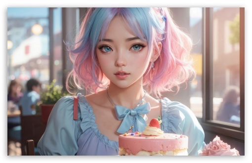 Cute Girl with Pink and Blue Color Hair, Sweet Cake, Pastel Colors, Art UltraHD Wallpaper for UHD 16:9 ; HD 16:9 ; UltraWide 21:9 24:10 32:9 32:10 ; Widescreen 16:10 5:3 ; Fullscreen 4:3 5:4 3:2 ; Tablet 1:1 ; Mobile 9:16 9:19.5 9:20 10:16 2:3 3:5 3:4 ; Dual 16:10 5:3 16:9 4:3 5:4 3:2 ;