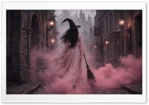 Cute Halloween Witch with Broomstick in Pink Smoke 4K UHD Wallpaper for Widescreen and UltraWide Desktop, UltraHD TV, Smartphone, Tablet