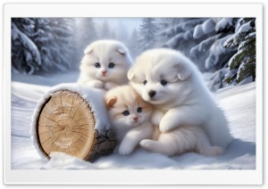 Cute Kittens and Puppy, Snow, Winter Ultra HD Wallpaper for 4K UHD Widescreen Desktop, Lockscreen, Screensaver, TV, Tablet, Smartphone