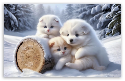 Cute Kittens and Puppy, Snow, Winter UltraHD Wallpaper for UHD 16:9 ; HD 16:9 ; UltraWide 21:9 24:10 32:10 ; Widescreen 16:10 5:3 ; Fullscreen 4:3 5:4 3:2 ; Tablet 1:1 ; Mobile 9:16 9:19.5 9:20 9:21 9:22 10:16 2:3 3:5 3:4 ; Dual 16:10 5:3 4:3 5:4 3:2 ;