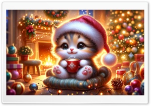 Cute Kitty, Warm and Cozy Christmas Illustration Ultra HD Wallpaper for 4K UHD Widescreen Desktop, Lockscreen, Screensaver, TV, Tablet, Smartphone