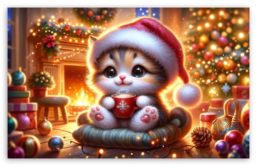 Cute Kitty, Warm and Cozy Christmas Illustration UltraHD Wallpaper for HD 16:9 ; UltraWide 21:9 24:10 ; Widescreen 16:10 5:3 ; Fullscreen 4:3 5:4 3:2 ; Tablet 1:1 ; Mobile 9:16 9:19.5 9:20 10:16 2:3 3:5 3:4 ;