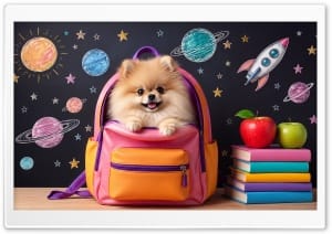 Cute Pomeranian Puppy in School Backpack 4K UHD Wallpaper for Widescreen and UltraWide Desktop, UltraHD TV, Smartphone, Tablet