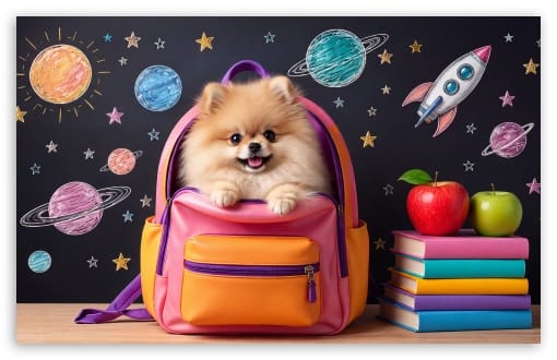 Cute Pomeranian Puppy in School Backpack UltraHD Wallpaper for UHD 16:9 ; HD 16:9 ; Widescreen 16:10 ;