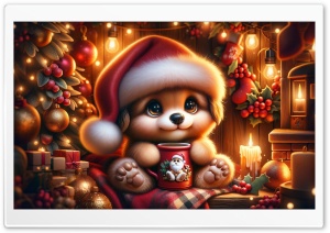 Cute Puppy, Warm and Cozy Christmas Illustration Ultra HD Wallpaper for 4K UHD Widescreen Desktop, Lockscreen, Screensaver, TV, Tablet, Smartphone