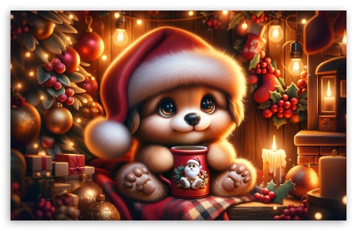 Cute Puppy, Warm and Cozy Christmas Illustration UltraHD Wallpaper for HD 16:9 ; UltraWide 21:9 24:10 ; Widescreen 16:10 5:3 ; Fullscreen 4:3 5:4 3:2 ; Tablet 1:1 ; Mobile 9:16 9:19.5 9:20 10:16 2:3 3:5 3:4 ;