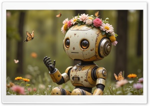 Cute Robot, Flower Crown, Butterfly, Nature, Happy 4K UHD Wallpaper for Widescreen and UltraWide Desktop, UltraHD TV, Smartphone, Tablet