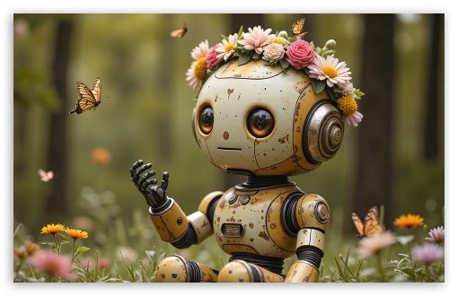 Cute Robot, Flower Crown, Butterfly, Nature, Happy UltraHD Wallpaper for UHD 16:9 ; HD 16:9 ; UltraWide 21:9 24:10 ; Widescreen 16:10 5:3 ; Fullscreen 4:3 5:4 3:2 ; Tablet 1:1 ; Mobile 9:16 9:19.5 9:20 10:16 2:3 3:5 3:4 ;