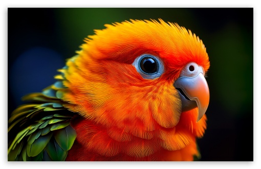Cute Sun Conure Parrot Portrait UltraHD Wallpaper for UHD 16:9 ; HD 16:9 ; UltraWide 21:9 24:10 ; Widescreen 16:10 5:3 ; Fullscreen 4:3 5:4 3:2 ; Tablet 1:1 ; Mobile 9:16 10:16 2:3 3:5 3:4 ;