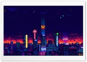 Cyberpunk City Skyline Pixel Art - Retro Synthwave 4K UHD Wallpaper for Widescreen and UltraWide Desktop, UltraHD TV, Smartphone, Tablet