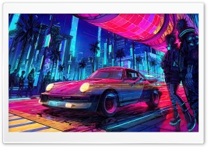 Cyberpunk Cityscape with Classic Car Ultra HD Wallpaper for 4K UHD Widescreen Desktop, Lockscreen, Screensaver, TV, Tablet, Smartphone