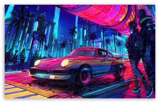 Cyberpunk Cityscape with Classic Car UltraHD Wallpaper for UHD 16:9 ; HD 16:9 ; Widescreen 16:10 5:3 ; Fullscreen 4:3 5:4 3:2 ; Tablet 1:1 ;