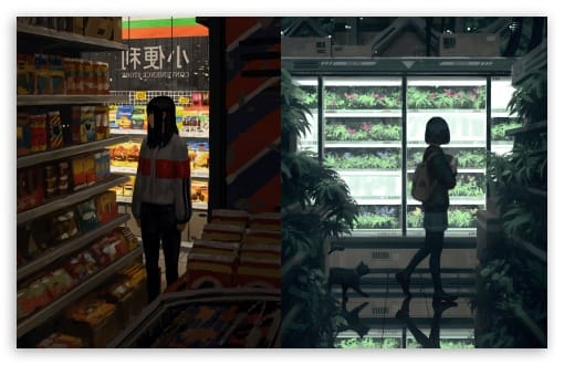Cyberpunk Convenience Store Futuristic Greenhouse Anime UltraHD Wallpaper for UHD 16:9 ; HD 16:9 ; UltraWide 21:9 24:10 32:9 32:10 ; Widescreen 16:10 ; Tablet 1:1 ; Mobile 9:16 9:19.5 9:20 ; Dual 16:10 16:9 ;