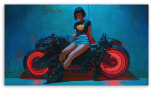 Cyberpunk Girl On Neon Motorcycle UltraHD Wallpaper for UHD 16:9 ; HD 16:9 ;