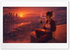 Cyberpunk Girl Watching The City 4K UHD Wallpaper for Widescreen and UltraWide Desktop, UltraHD TV, Smartphone, Tablet