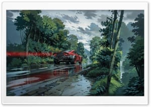 Cyberpunk Muscle Car Wet Forest Road Art 4K UHD Wallpaper for Widescreen and UltraWide Desktop, UltraHD TV, Smartphone, Tablet