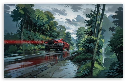 Cyberpunk Muscle Car Wet Forest Road Art UltraHD Wallpaper for UHD 16:9 ; HD 16:9 ; UltraWide 21:9 24:10 32:9 32:10 ; Widescreen 16:10 ; Tablet 1:1 ; Mobile 9:16 9:19.5 9:20 ; Dual 16:10 16:9 ;