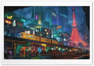 Cyberpunk Tokyo Night Cityscape Sci-Fi Digital Art 4K UHD Wallpaper for Widescreen and UltraWide Desktop, UltraHD TV, Smartphone, Tablet