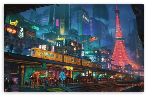 Cyberpunk Tokyo Night Cityscape Sci-Fi Digital Art UltraHD Wallpaper for UHD 16:9 ; HD 16:9 ; UltraWide 21:9 24:10 32:9 32:10 ; Widescreen 16:10 ; Tablet 1:1 ; Dual 16:10 16:9 ;