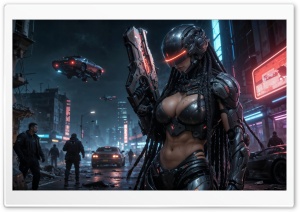 Cyberwoman Dystopian Cityscape 4K UHD Wallpaper for Widescreen and UltraWide Desktop, UltraHD TV, Smartphone, Tablet