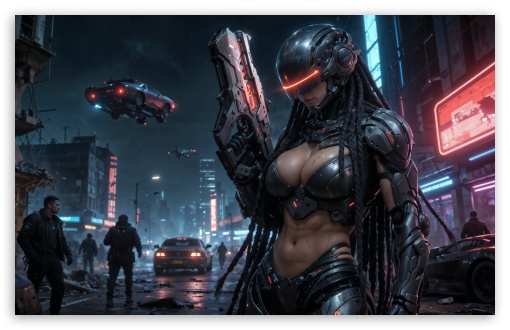 Cyberwoman Dystopian Cityscape UltraHD Wallpaper for UHD 16:9 ; HD 16:9 ; UltraWide 21:9 24:10 32:9 32:10 ; Widescreen 16:10 ; Tablet 1:1 ; Mobile 9:16 9:19.5 9:20 ; Dual 16:10 16:9 ;