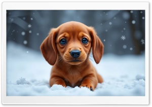 Dachshund Puppy in Snow 4K UHD Wallpaper for Widescreen and UltraWide Desktop, UltraHD TV, Smartphone, Tablet