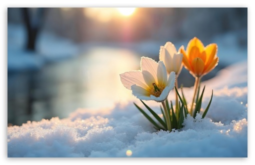 Delicate Flowers Blooming in Snow UltraHD Wallpaper for UHD 16:9 ; HD 16:9 ; UltraWide 21:9 24:10 ; Widescreen 16:10 5:3 ; Fullscreen 4:3 5:4 3:2 ; Tablet 1:1 ; Mobile 9:16 9:19.5 9:20 9:21 9:22 10:16 2:3 3:5 3:4 ;