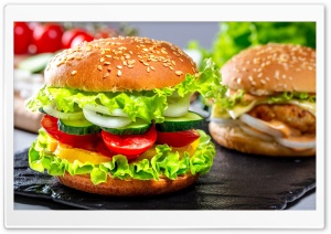 Delicious Burgers with Lettuce, Tomato, Cucumber 4K UHD Wallpaper for Widescreen and UltraWide Desktop, UltraHD TV, Smartphone, Tablet