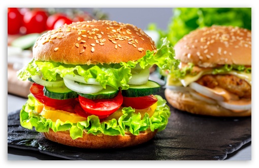 Delicious Burgers with Lettuce, Tomato, Cucumber UltraHD Wallpaper for UHD 16:9 ; HD 16:9 ; Widescreen 16:10 5:3 ; Fullscreen 4:3 5:4 3:2 ; Tablet 1:1 ;