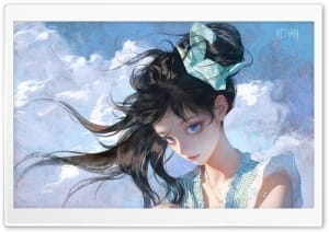 Drawing of a Girl with Blue Eyes and Black Hair in the Wind 4K UHD Wallpaper for Widescreen and UltraWide Desktop, UltraHD TV, Smartphone, Tablet