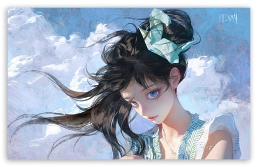 Drawing of a Girl with Blue Eyes and Black Hair in the Wind UltraHD Wallpaper for UHD 16:9 ; HD 16:9 ; Widescreen 16:10 ; Tablet 1:1 ; Mobile 9:16 9:19.5 9:20 9:21 9:22 ;
