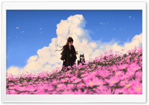 Drawing, Samurai Girl, Dog, Pink Flowers, Field, Friendship 4K UHD Wallpaper for Widescreen and UltraWide Desktop, UltraHD TV, Smartphone, Tablet