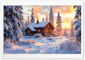 Dreamy Wooden House in Snowy Nature with Golden Light Ultra HD Wallpaper for 4K UHD Widescreen Desktop, Lockscreen, Screensaver, TV, Tablet, Smartphone