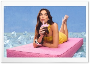 Dua Lipa drinking Nespresso Iced Coffee 4K UHD Wallpaper for Widescreen and UltraWide Desktop, UltraHD TV, Smartphone, Tablet