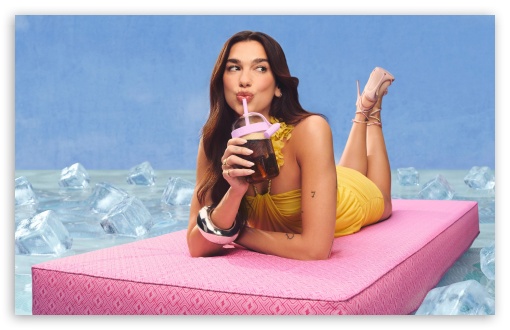 Dua Lipa drinking Nespresso Iced Coffee UltraHD Wallpaper for UHD 16:9 ; HD 16:9 ; UltraWide 21:9 24:10 32:9 ; Widescreen 16:10 ; Tablet 1:1 ; Mobile 9:16 9:19.5 9:20 ; Dual 16:9 ;