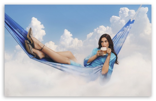 Dua Lipa enjoying Nespresso latte UltraHD Wallpaper for UHD 16:9 ; HD 16:9 ; UltraWide 21:9 24:10 32:9 32:10 ; Widescreen 16:10 ; Tablet 1:1 ; Mobile 9:16 9:19.5 9:20 9:21 ; Dual 16:10 16:9 ;