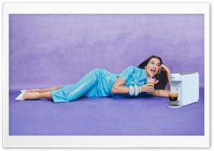 Dua Lipa for Nespresso, Sipping Coffee from a Tumbler 4K UHD Wallpaper for Widescreen and UltraWide Desktop, UltraHD TV, Smartphone, Tablet