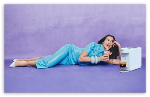 Dua Lipa for Nespresso, Sipping Coffee from a Tumbler UltraHD Wallpaper for UHD 16:9 ; HD 16:9 ; UltraWide 21:9 24:10 32:9 32:10 ; Widescreen 16:10 ; Tablet 1:1 ; Mobile 9:16 9:19.5 9:20 ; Dual 16:10 16:9 ;